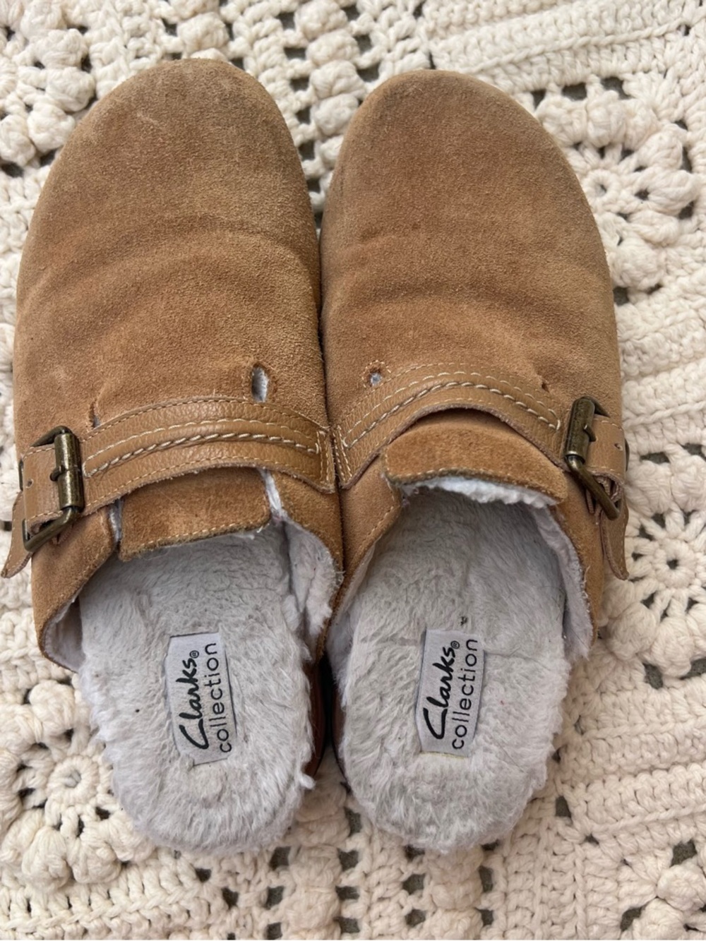 Clarks Chestnut Suede Faux-Fur Lined Mule Clogs